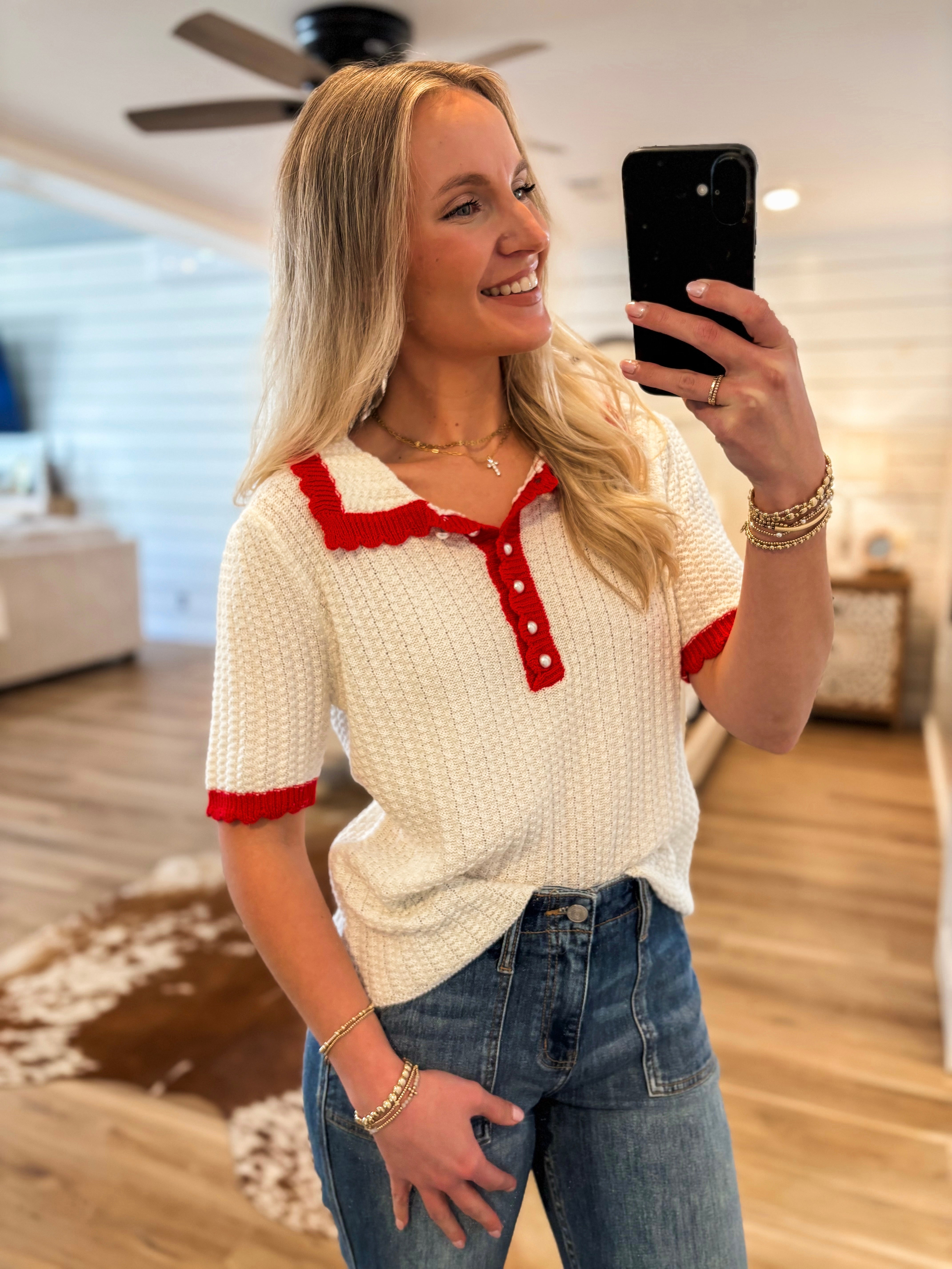 Sweet Remedy Ivory Contrast Knit Blouse
