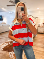 Load image into Gallery viewer, Way Out Powder Blue &amp; Red Stripe Polo Tee
