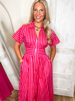 Load image into Gallery viewer, Fading Memory Red/Pink Stripe Front Zip Midi Dress

