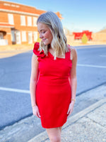 Load image into Gallery viewer, Perfect Timing Red Ruffle Strap Mini Dress
