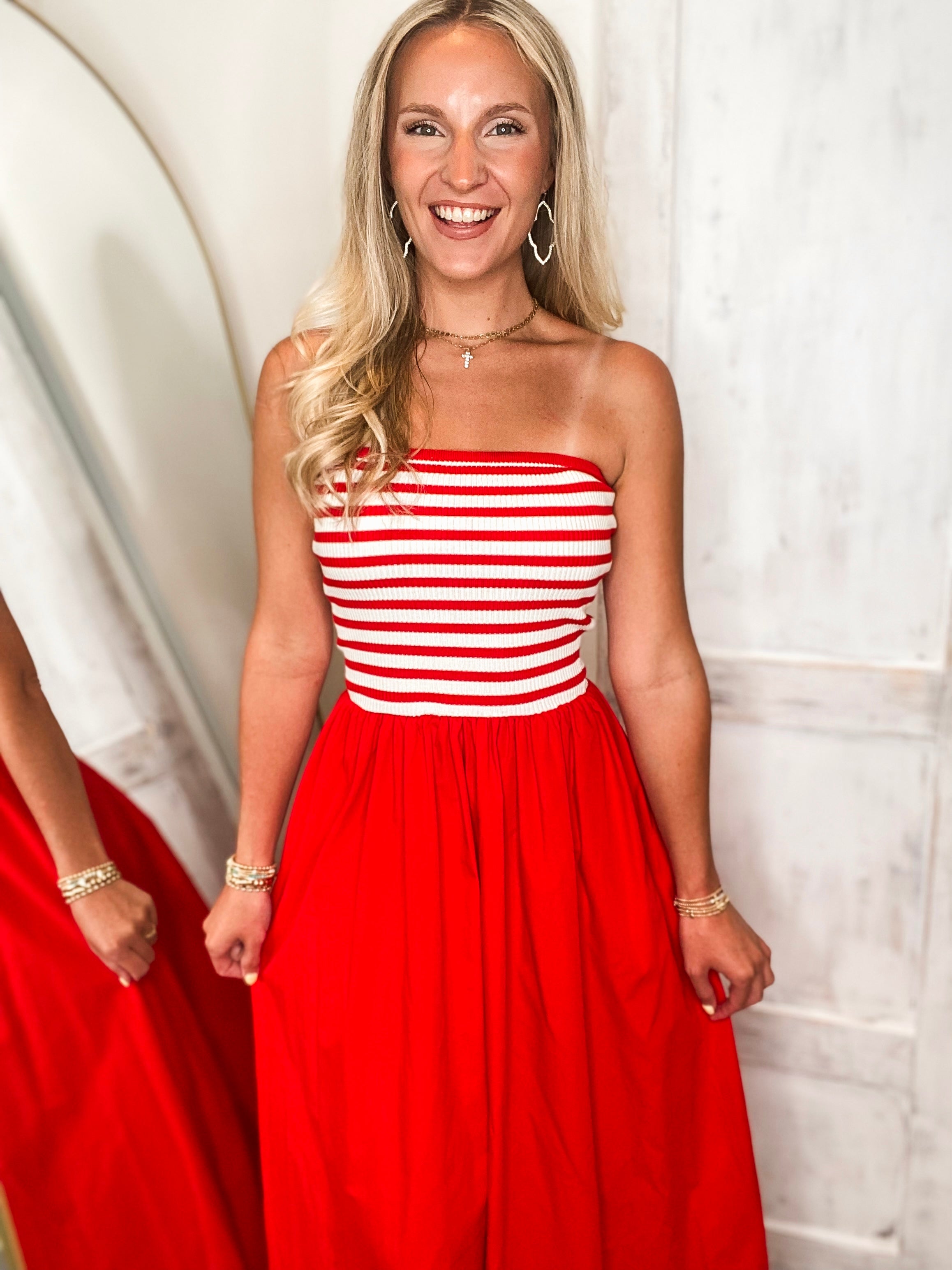 Midsummer Meeting Red Stripe Strapless Maxi Dress