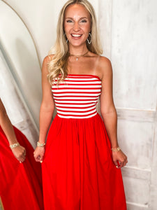 Midsummer Meeting Red Stripe Strapless Maxi Dress