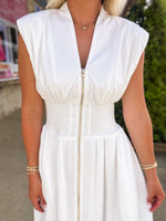 Load image into Gallery viewer, Full Admiration Gold Zip White Midi Dress
