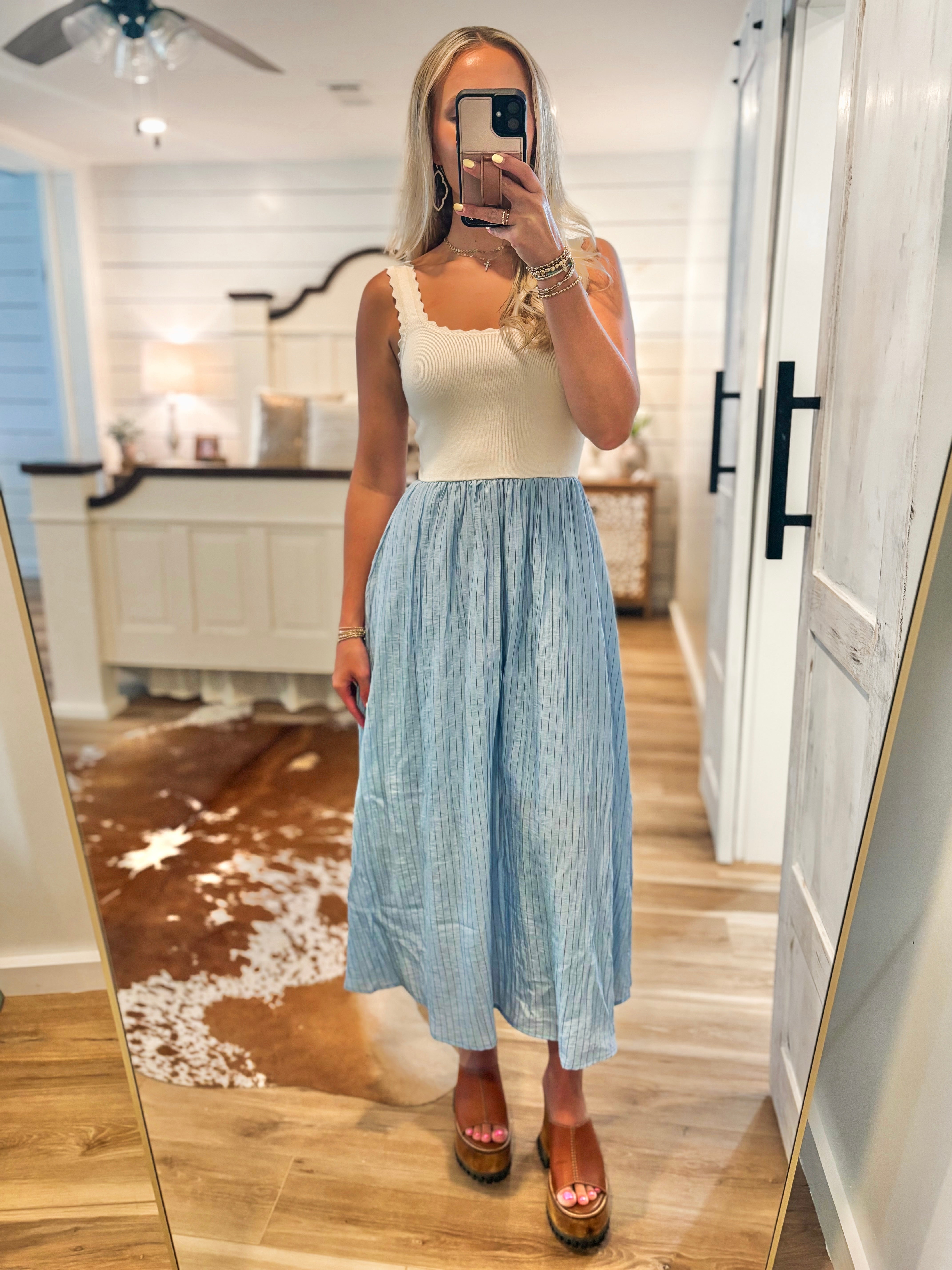 Above This Taupe & Blue Pin Stripe Midi Dress