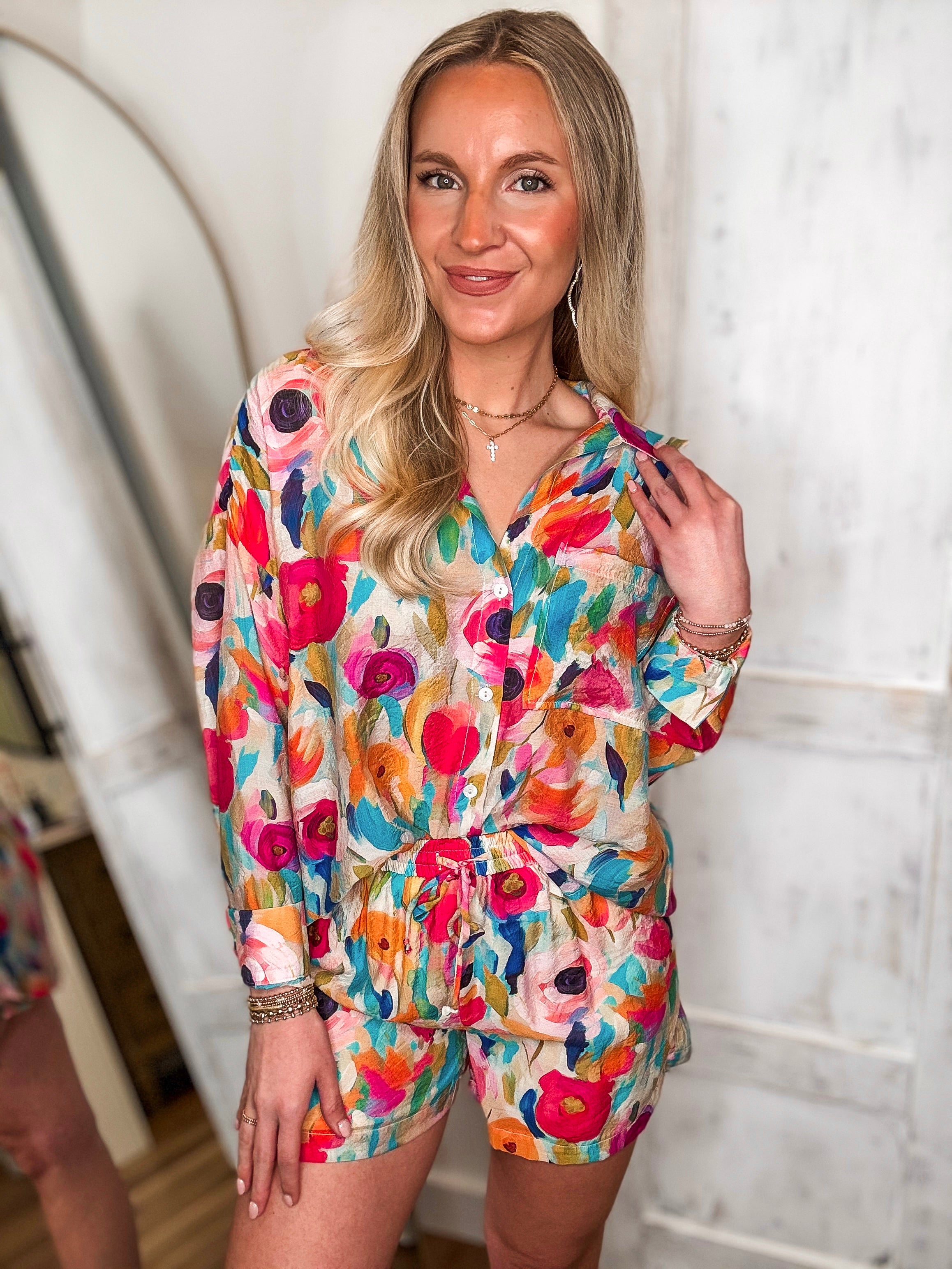 Taking It In Floral Pastel Button Down & Shorts Set