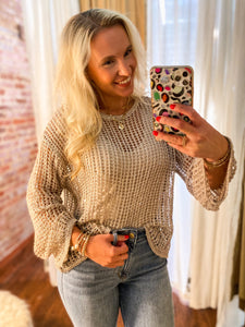 Long Time Coming Mocha Loose Knit Sequin Sweater