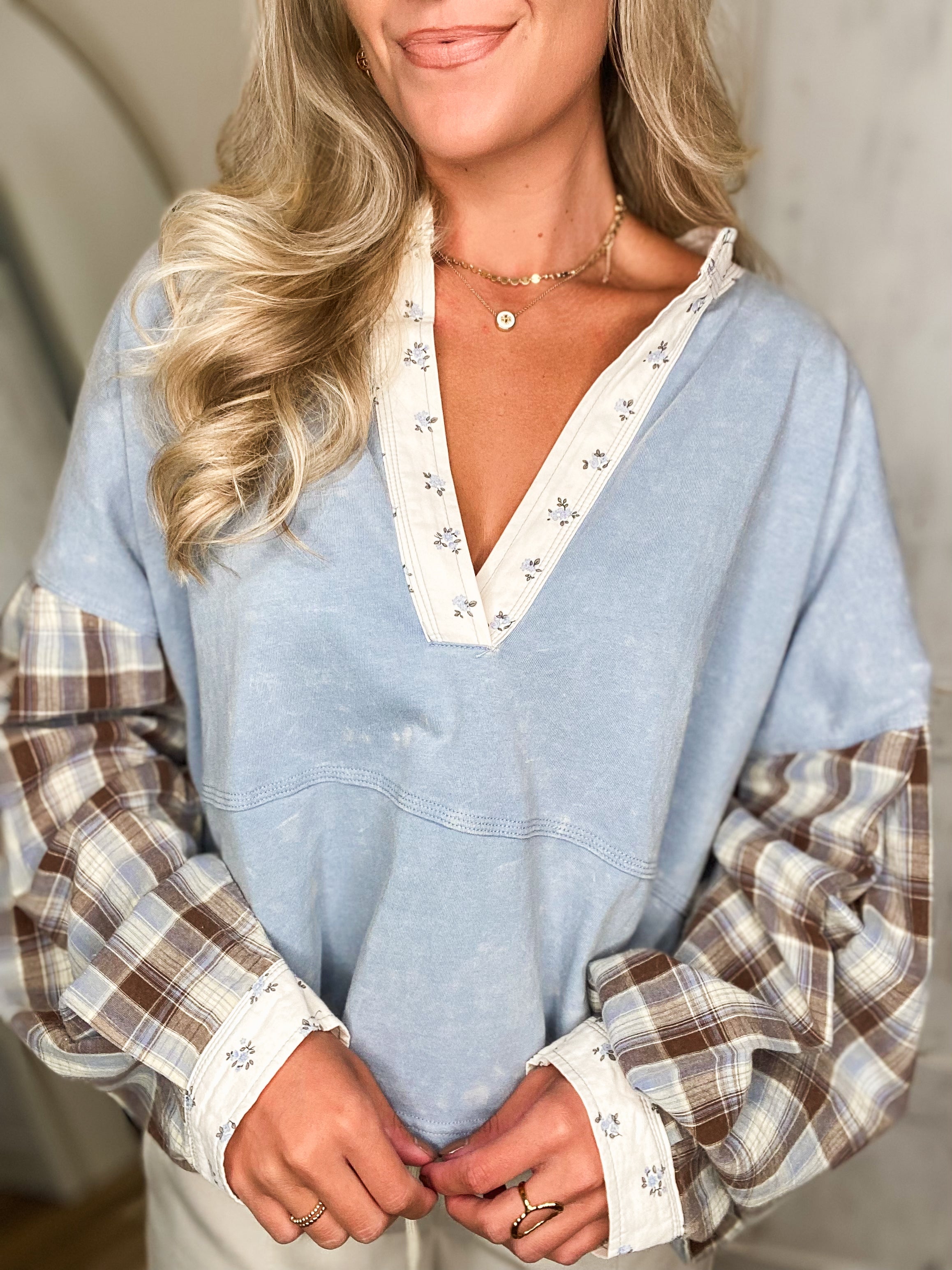 Fall Into Me Denim Blue Mineral Washed L/S Top