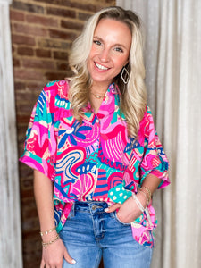 In The Clouds Pink Abstract Button Down Blouse