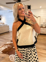 Load image into Gallery viewer, Night Out Black &amp; Taupe Linen Halter Blouse
