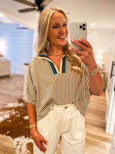 Loving Me Brown Stripe Contrast Blouse