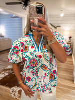 Load image into Gallery viewer, Perfect Day White Multi Paisley Contrast Blouse
