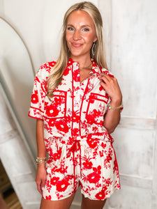 Exotic Adventure Red Floral S/S Button Down & Shorts Set