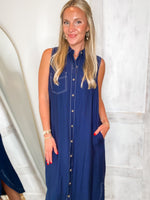 Load image into Gallery viewer, Left To Chance Navy Button Down Midi Dress
