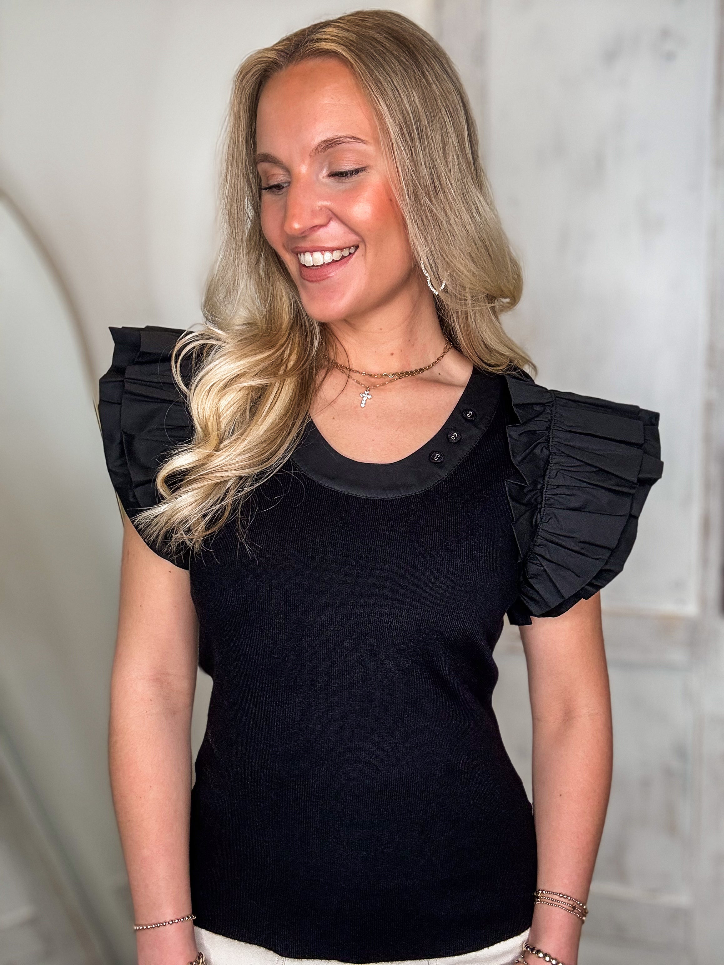 Next Move Black Flutter Sleeve Blouse