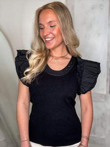 Next Move Black Flutter Sleeve Blouse