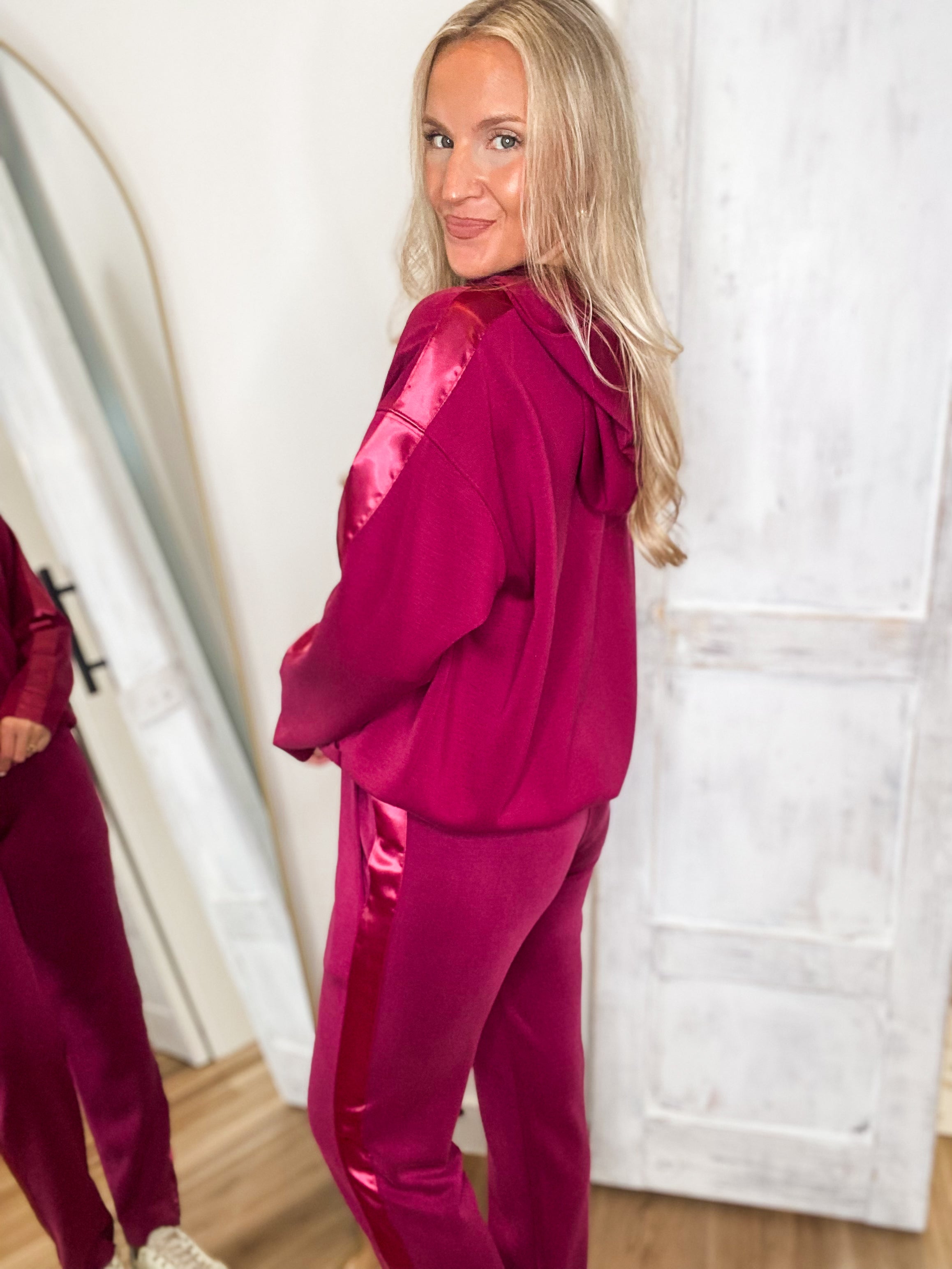 All Good Wine Satin Trim Hoodie & Lounge Pant Set