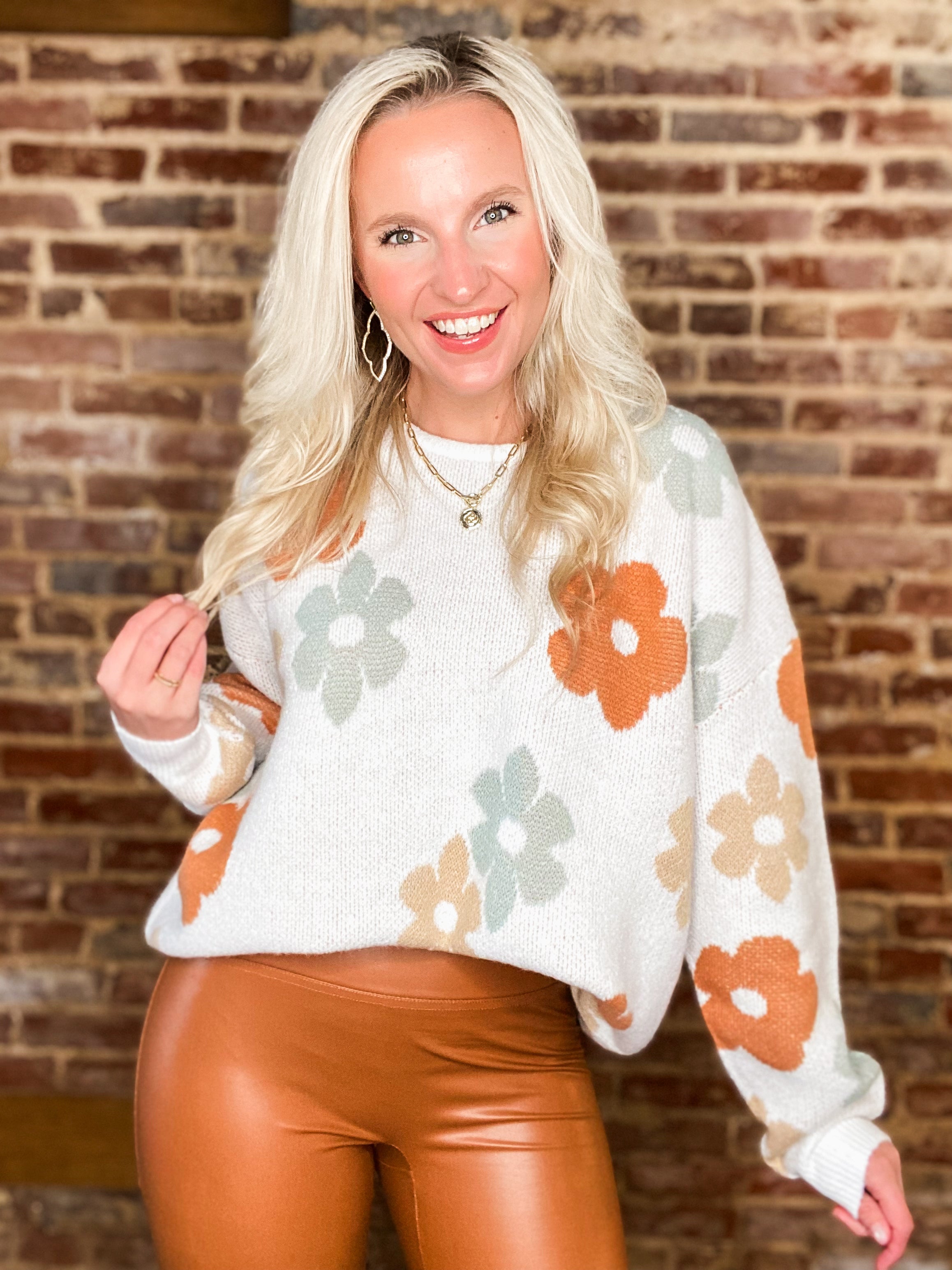 Wonderful Place Teal & Rust Floral Sweater