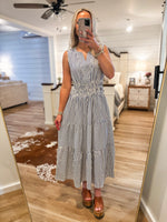 Load image into Gallery viewer, Day Outing Cream/Blue Stripe Midi Dress
