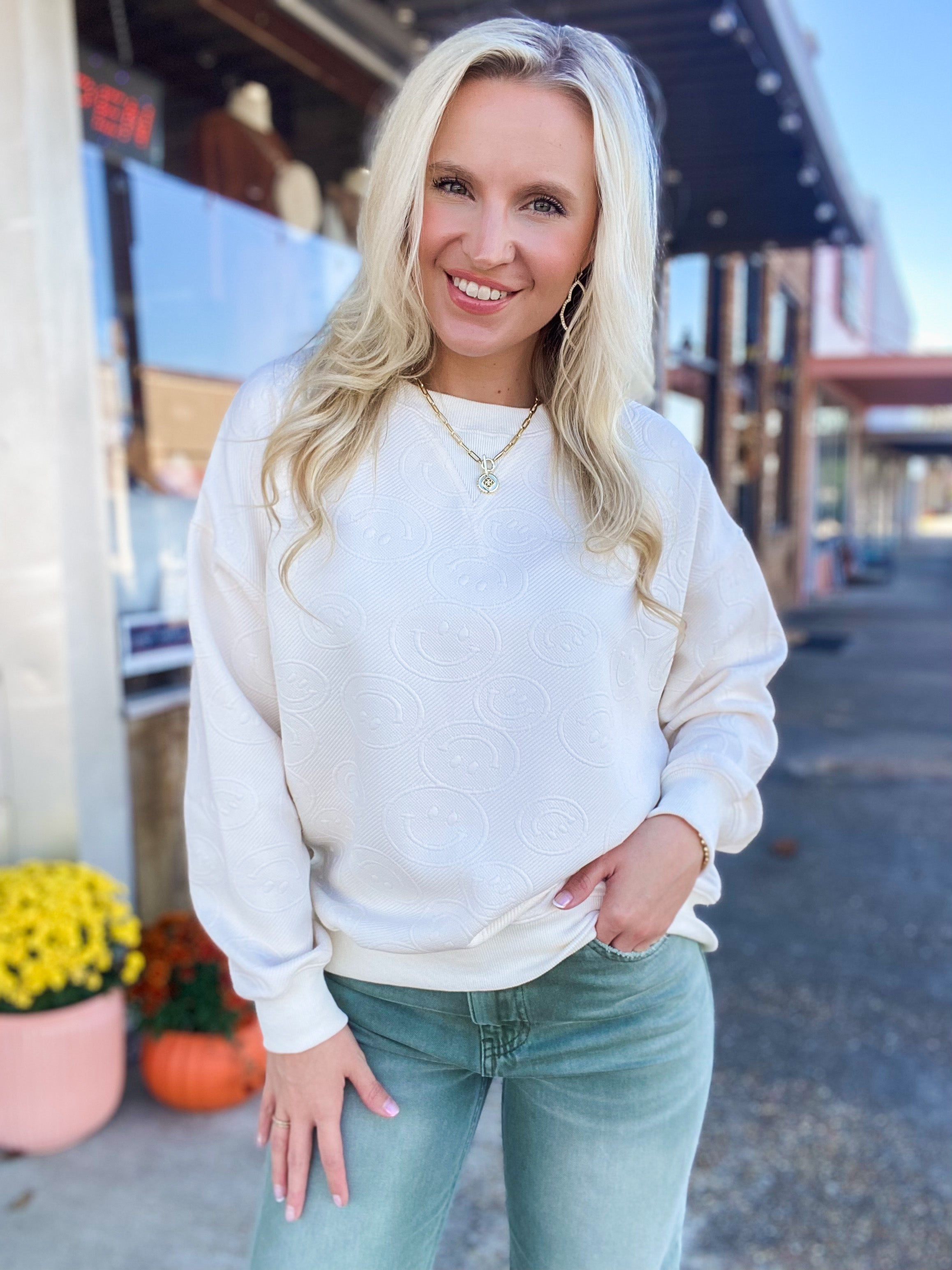 All Smiles Ivory Smiley Face Textured Sweatshirt