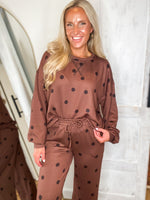 Load image into Gallery viewer, Brown Polka Dot L/S Crew &amp; Lounge Pant Set
