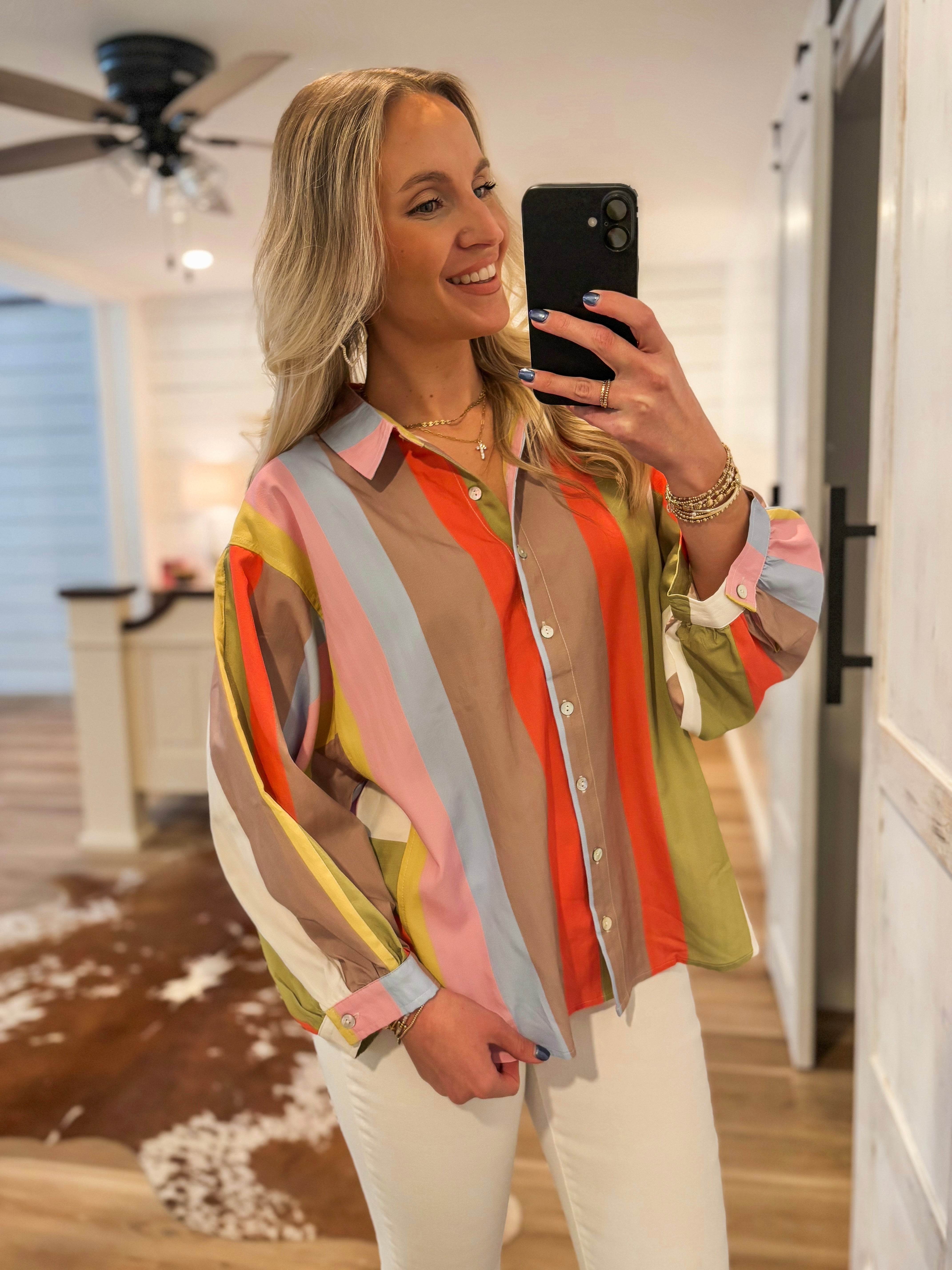 True Feelings Lime & Mocha Striped L/S Blouse