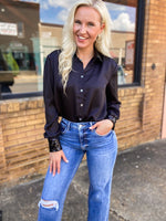 Load image into Gallery viewer, She&#39;s Sparkling Black Sequin Button Down Blouse
