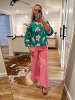 Load image into Gallery viewer, Still Dreaming Kelly Green/Pink Floral Blouse
