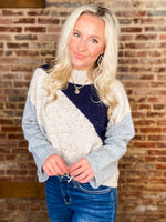 Load image into Gallery viewer, Nights With You Taupe &amp; Navy Mock Neck Sweater
