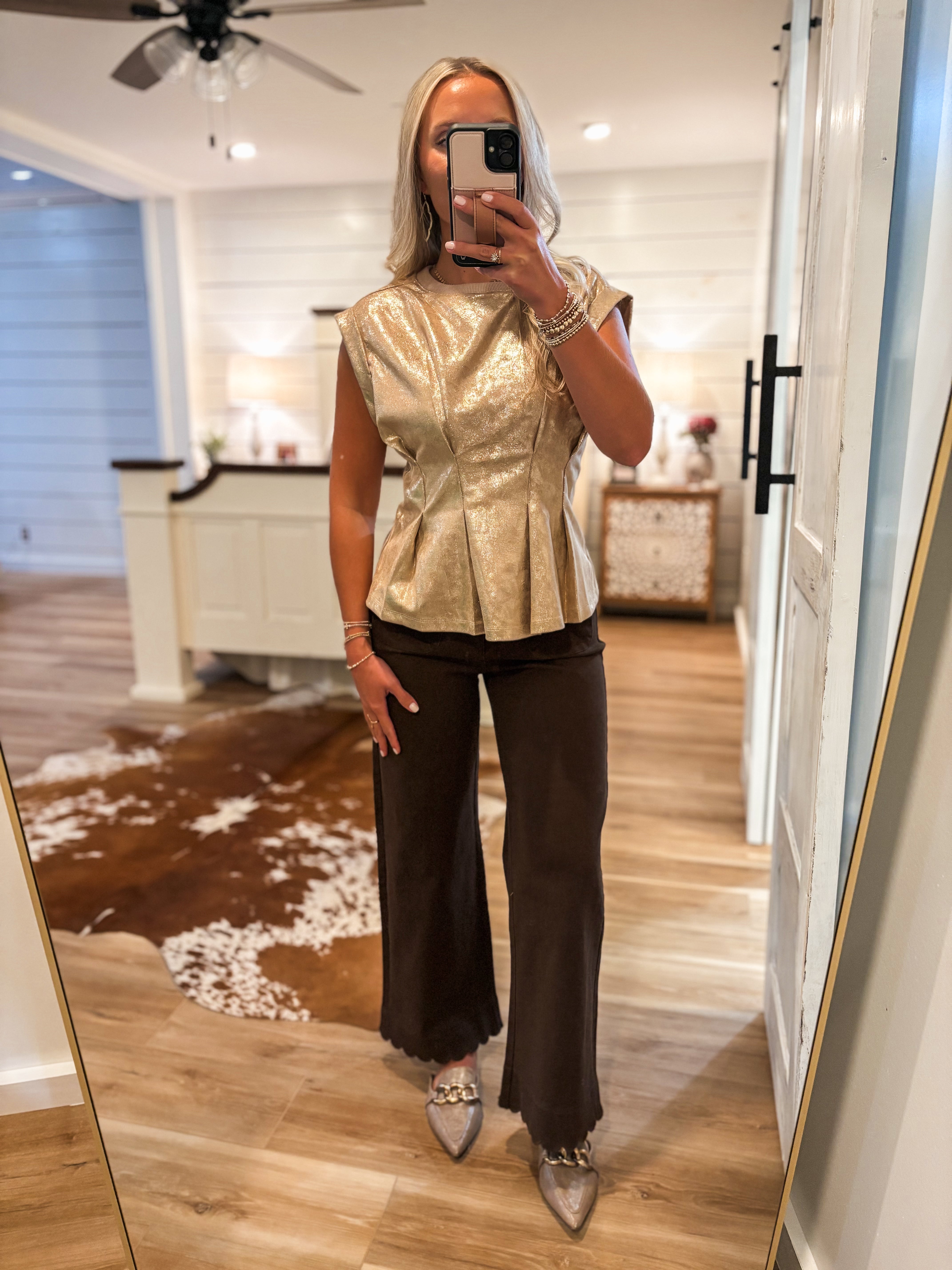 For Now Taupe Metallic Peplum S/S Blouse
