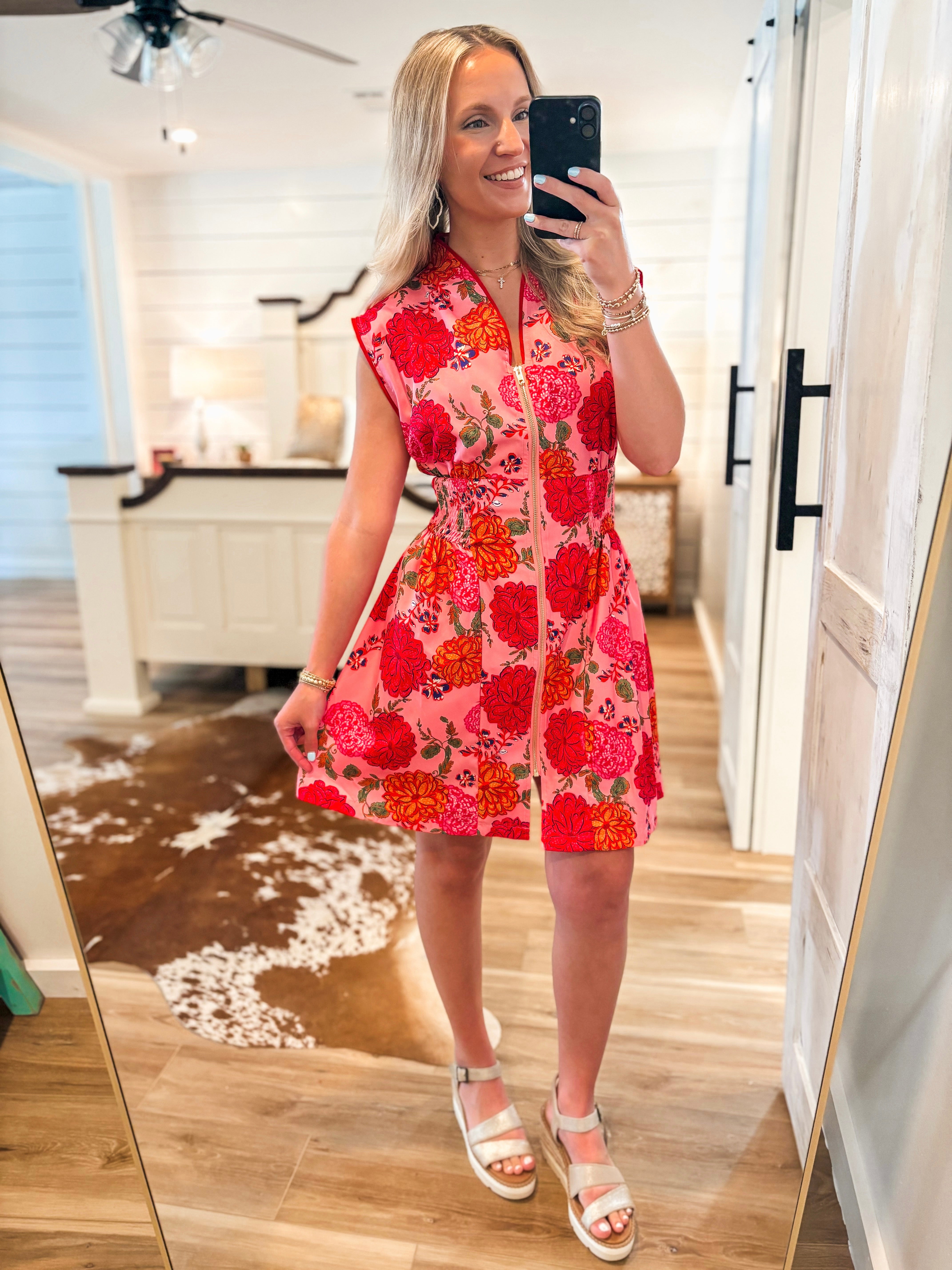 It's In The Air Pink Floral Front Zip Mini Dress