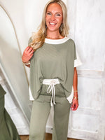 Load image into Gallery viewer, Destined To Be Olive &amp; Cream S/S Blouse &amp; Lounge Pant Set
