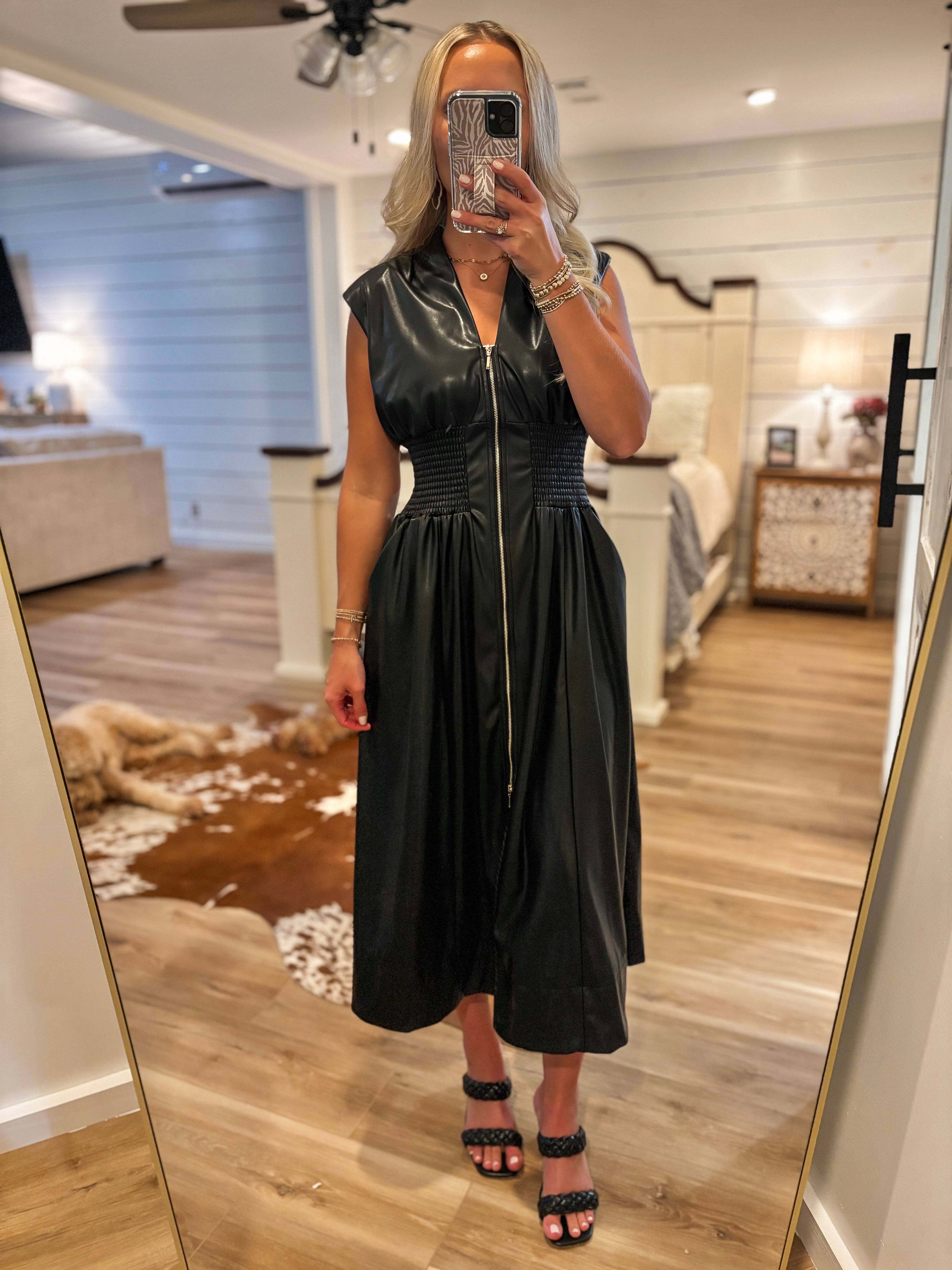 Last To See Black Faux Leather Zip Dress