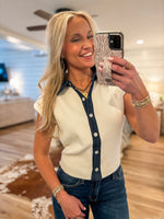 Load image into Gallery viewer, Be So Sweet White/Denim Contrast Knit Blouse
