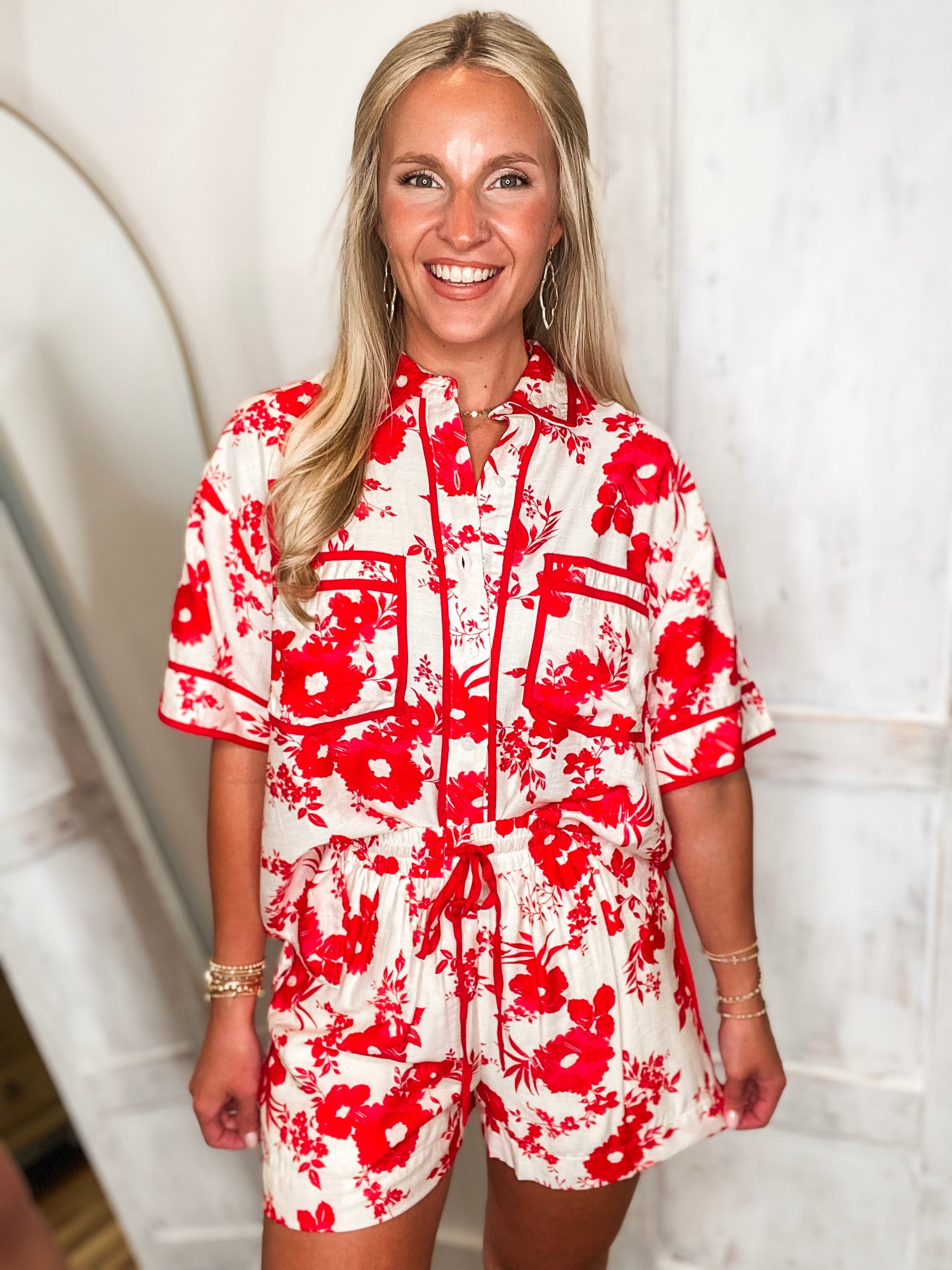 Exotic Adventure Red Floral S/S Button Down & Shorts Set