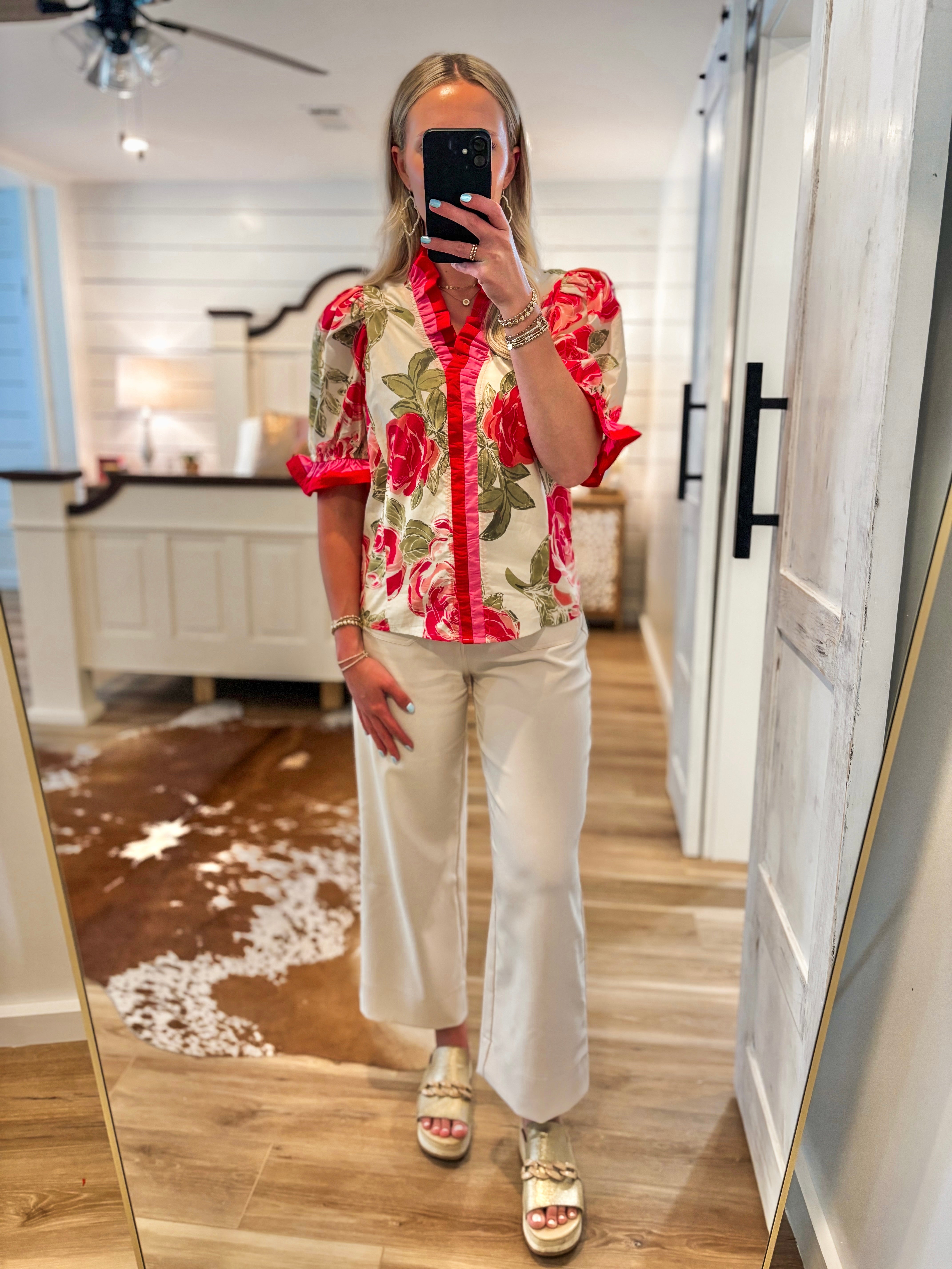 Garden Tea Party Pink Floral Contrast Blouse