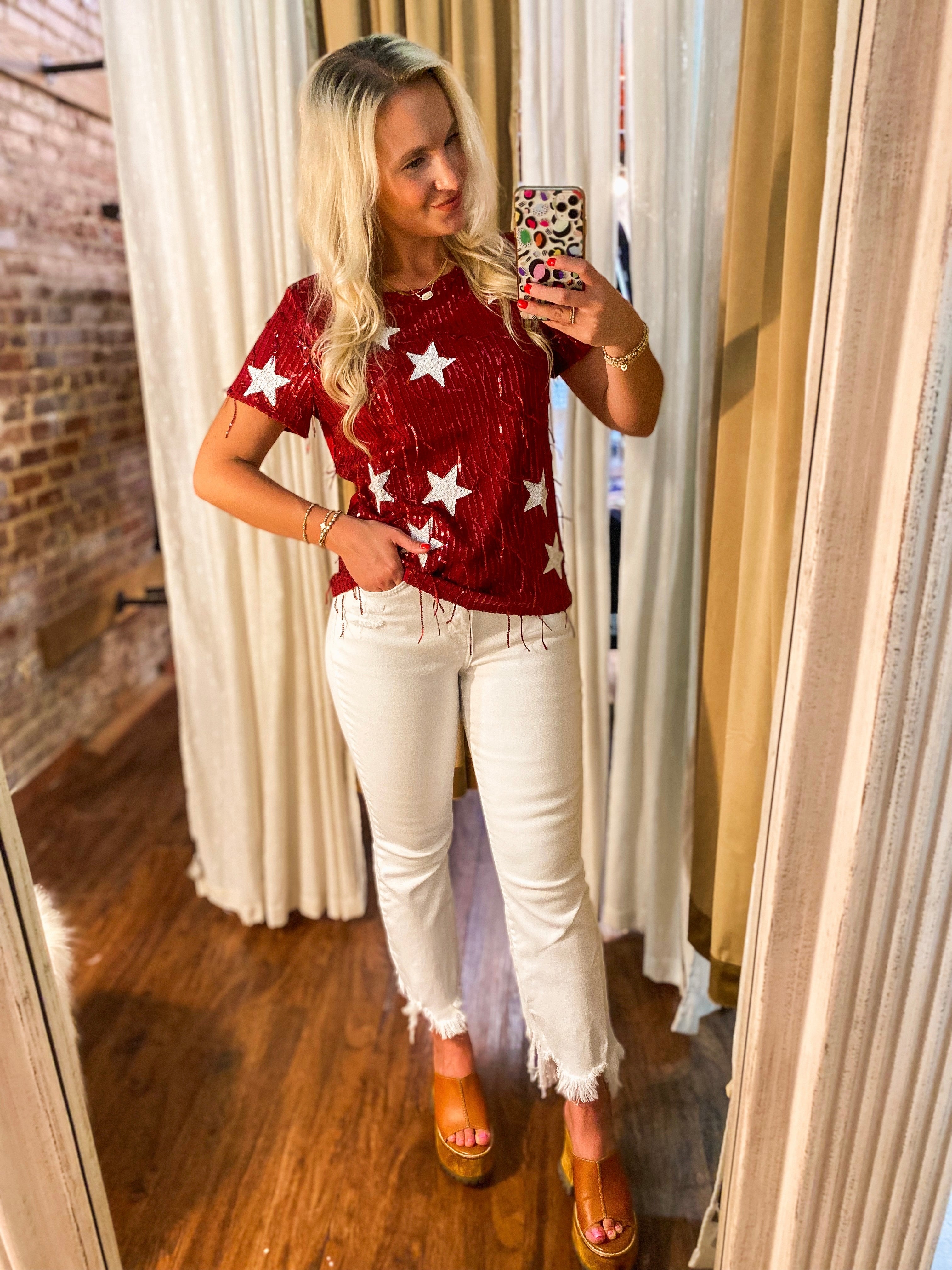 Your Wish Crimson and White Star Sequin Tee