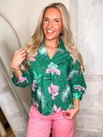 Load image into Gallery viewer, Still Dreaming Kelly Green/Pink Floral Blouse
