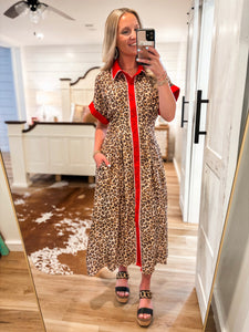 Walk Out Red Contrast Leopard Midi Dress