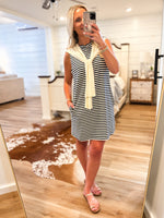 Load image into Gallery viewer, Taking A Stroll Navy Stripe Luxe Mini Dress
