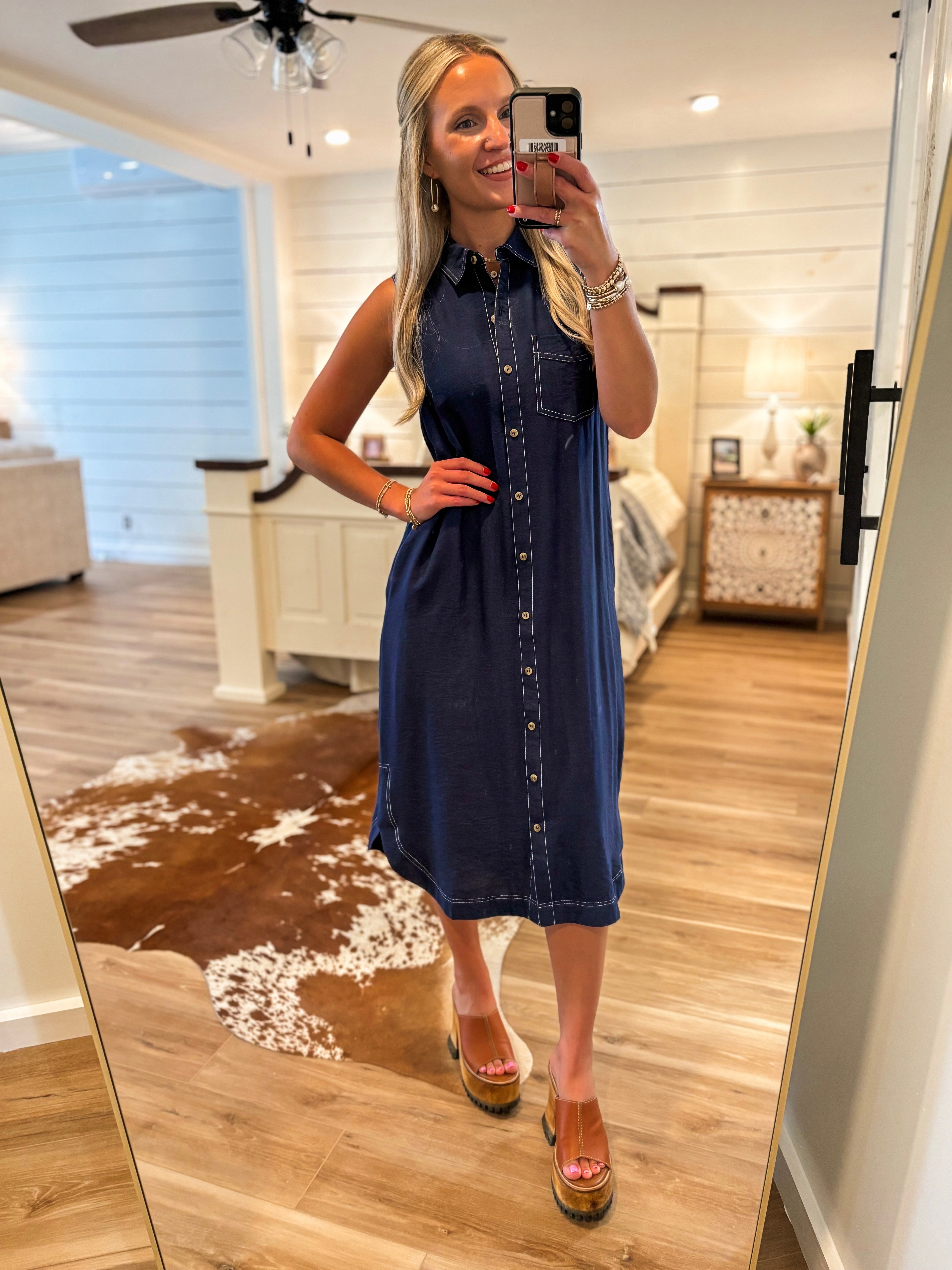 Left To Chance Navy Button Down Midi Dress