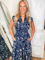Load image into Gallery viewer, Here For This Navy Floral Front Zip Midi Dress
