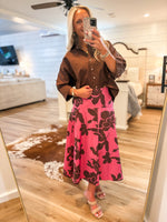 Load image into Gallery viewer, Walking On Pink &amp; Brown Floral Midi Skirt
