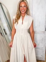 Load image into Gallery viewer, About Time Champagne Front Zip Midi Dress
