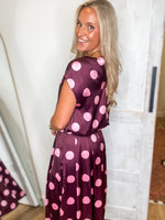 Load image into Gallery viewer, Plum Polka Dot Bubble Top &amp; Midi Skirt Set
