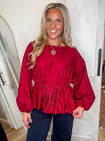 Load image into Gallery viewer, Burgundy Drawstring L/S Blouse
