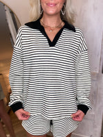 Load image into Gallery viewer, Keep To Myself Black &amp; Ivory Stripe Pullover &amp; Shorts Set
