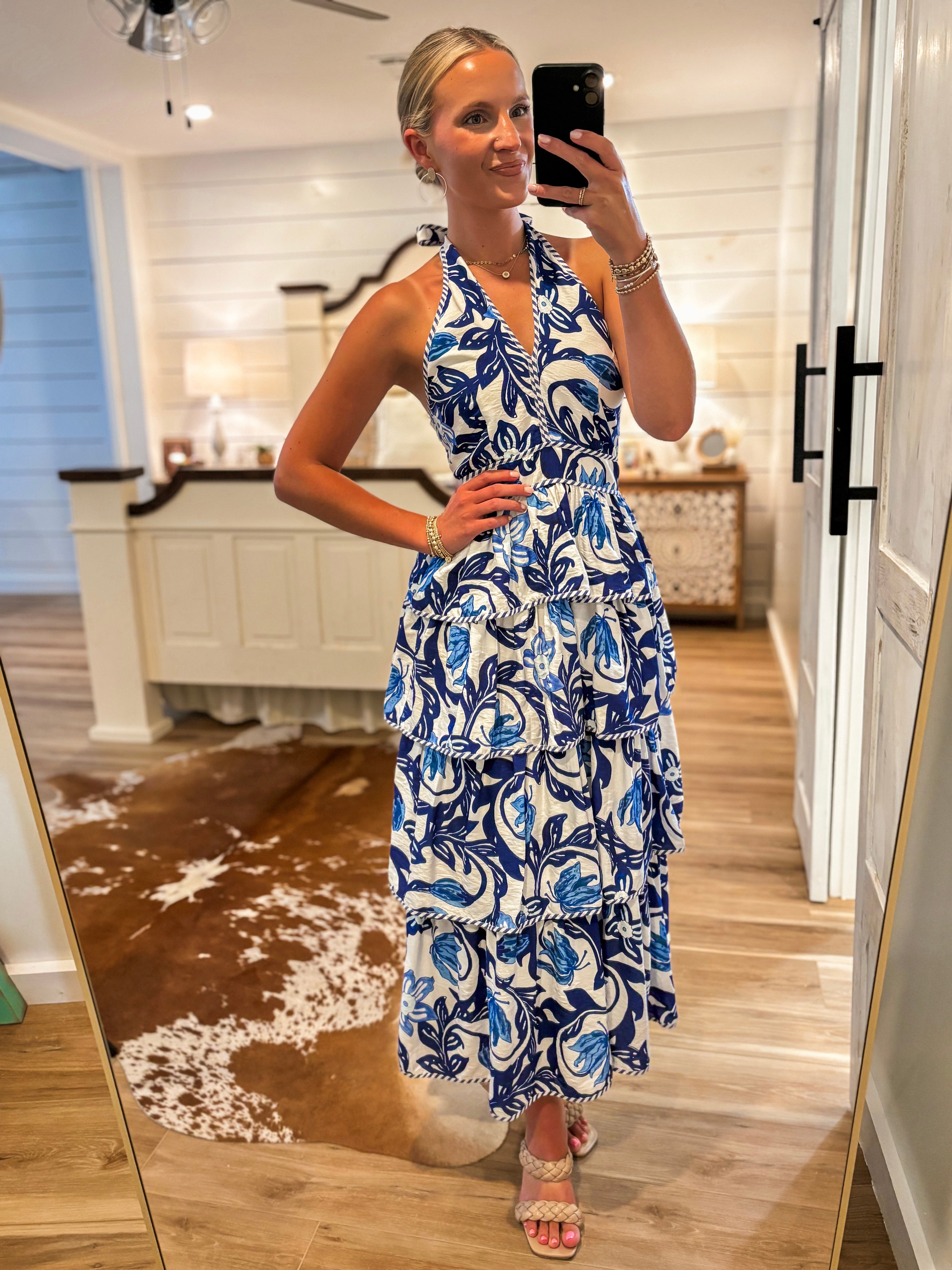 Weekend Bliss Royal Blue Floral Halter Maxi Dress