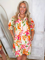 Load image into Gallery viewer, Blooming Bright Pink/Orange Floral FATE Mini Dress
