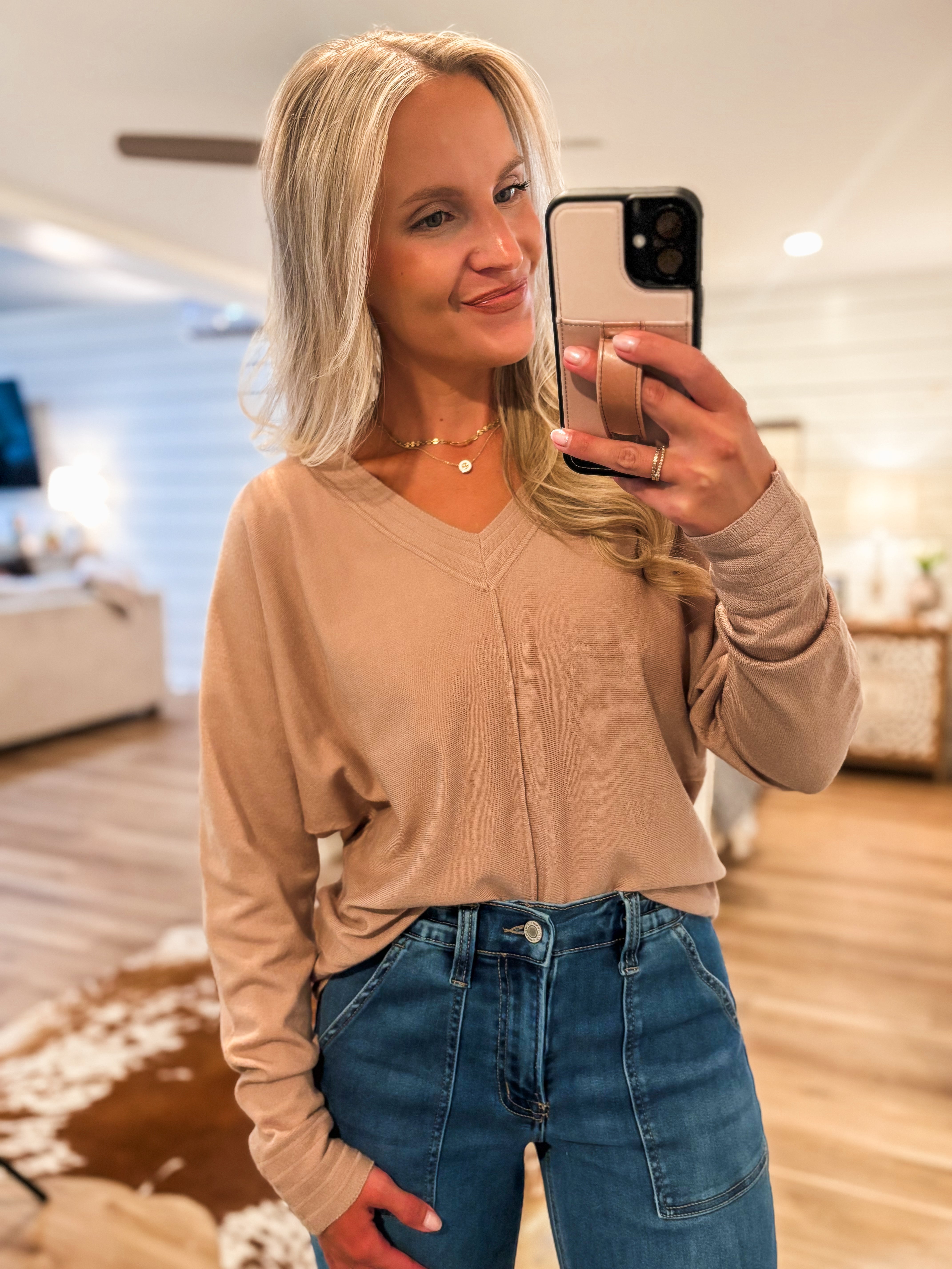 Back To Us Taupe Knit L/S Blouse