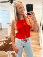 Load image into Gallery viewer, Back At It Red Front Tie Knit Vest Blouse
